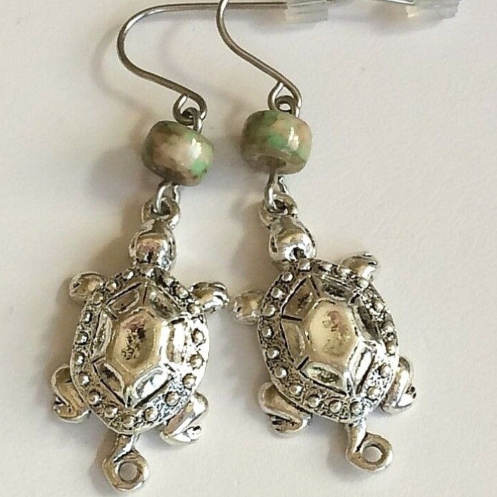 Silver Turtle Earrings Green Jasper Stone Sea Life